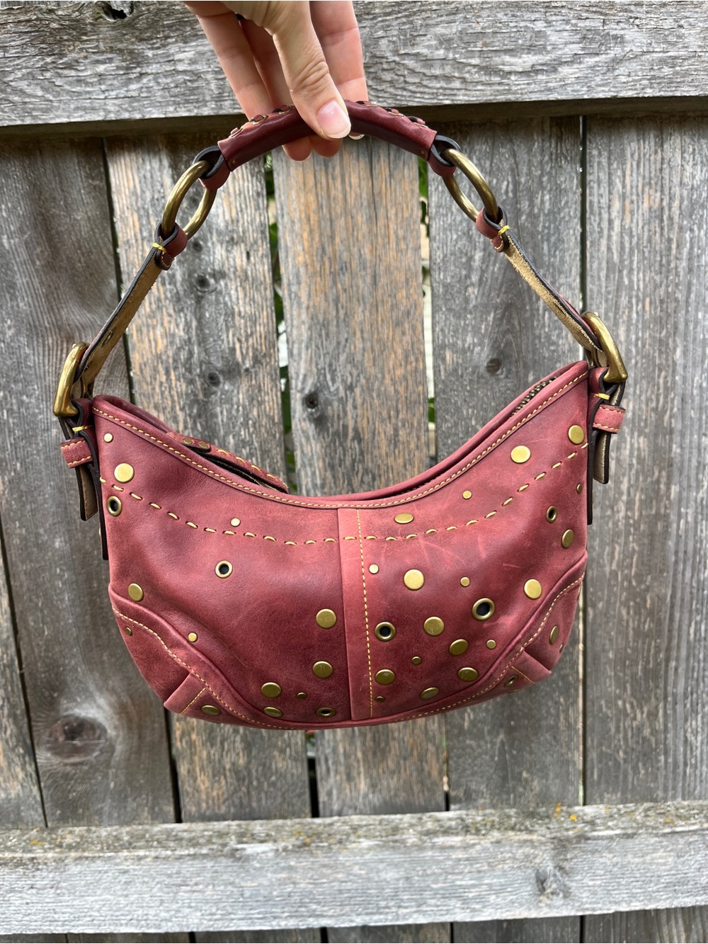 RARE Coach Y2K Hobo Legacy Studded Wine Red Gold Hand Shoulder Bag Braided Moto
